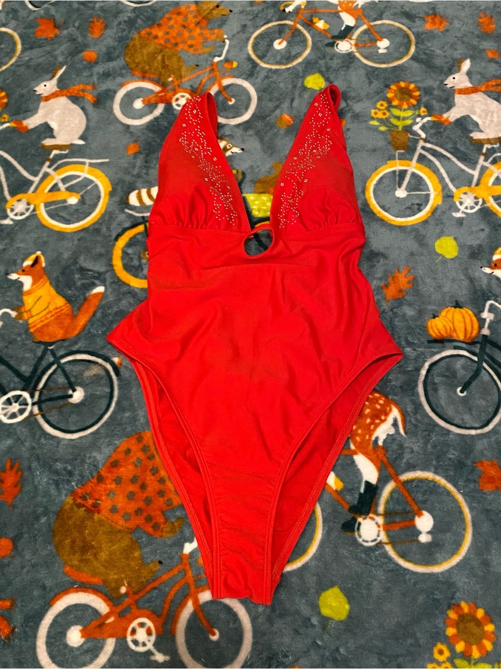 Red Women’s Plunge One-Piece Swimsuit with Rhinestone Details & Strappy Back